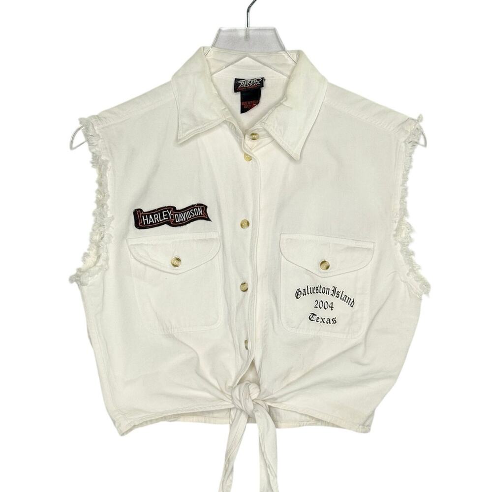 Biker Design White Tie Front Crop Shirt S Galveston 2004 Texas Harley-Davidson
